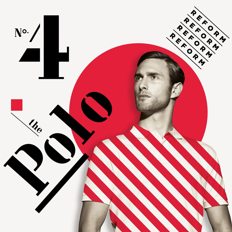 A sepia-toned man in a red and white striped polo looks up to the left, against a red circle. The background is white. The top left corner says